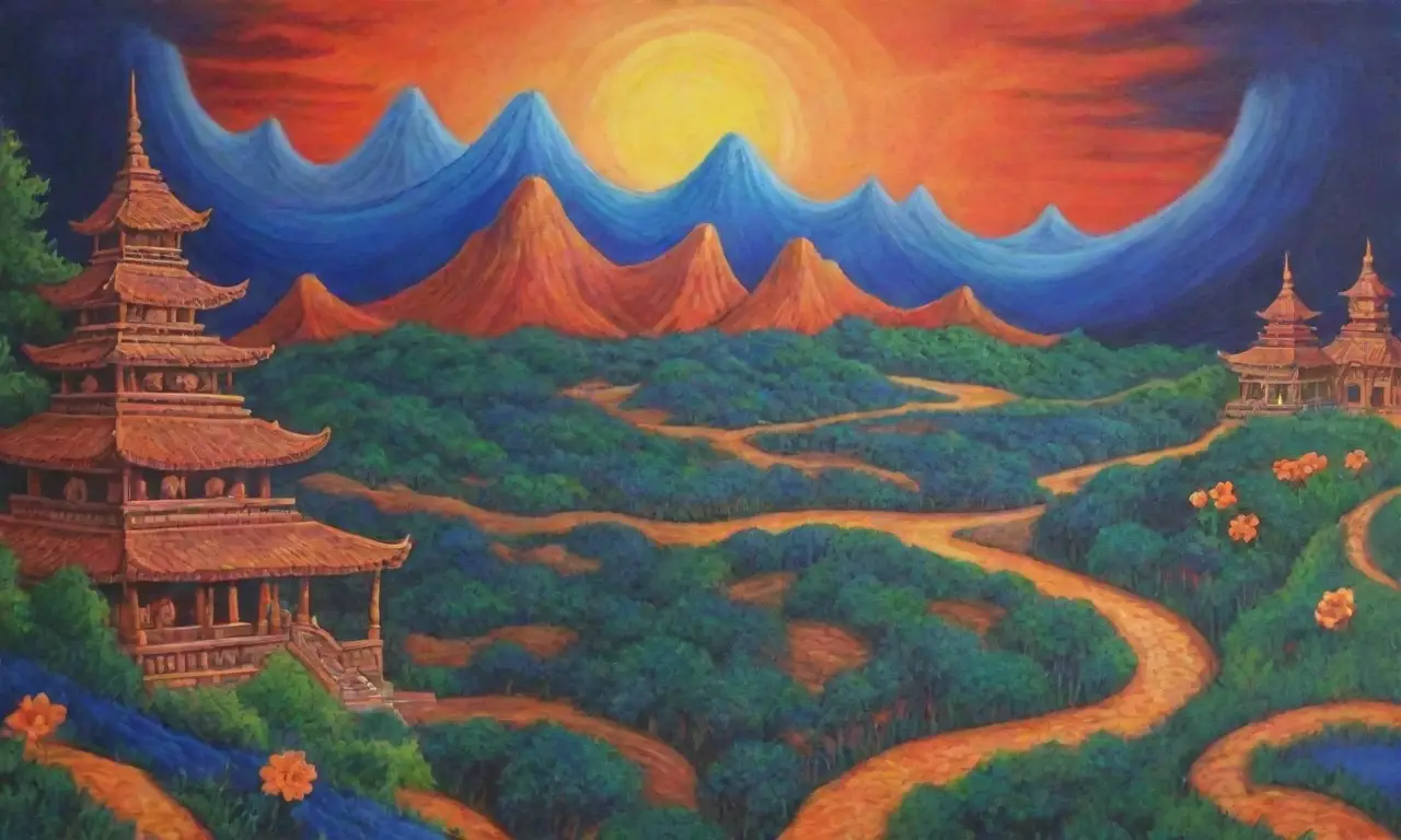 Un paisaje antiguo y mágico lleno de símbolos