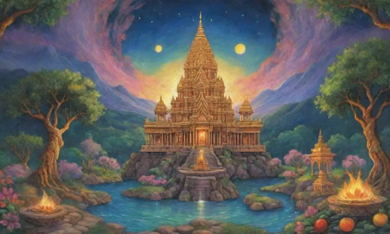 Un paisaje celestial lleno de templos antiguos