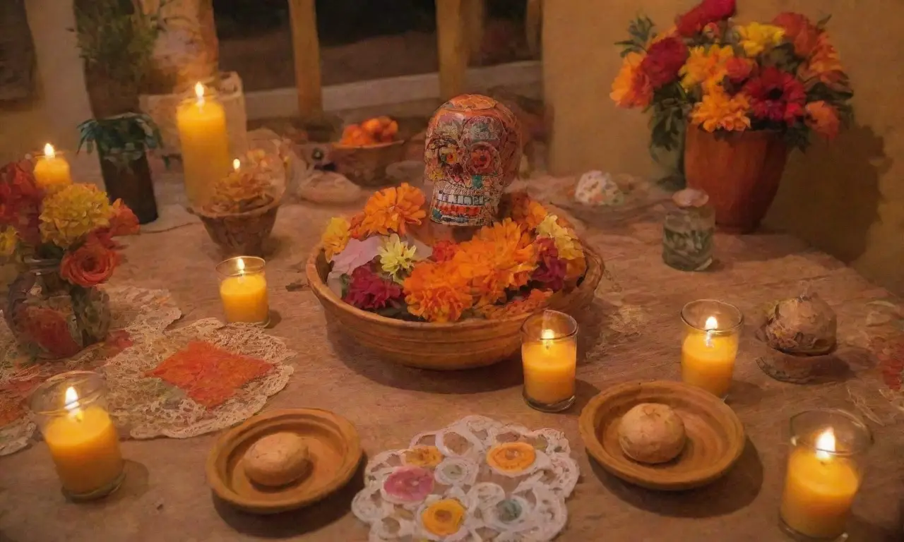 Elementos coloridos y simbólicos que celebran tradiciones y conexiones ancestrales