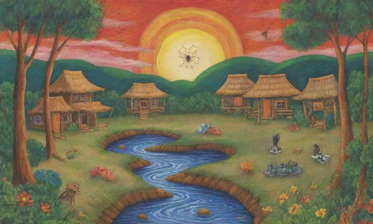 Un paisaje vibrante de folklore africano con Anansi, colores brillantes, naturaleza y cuentos entrelazados