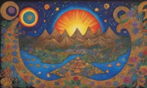Colores vibrantes y símbolos antiguos danzan en un mundo lleno de historia y sabiduría