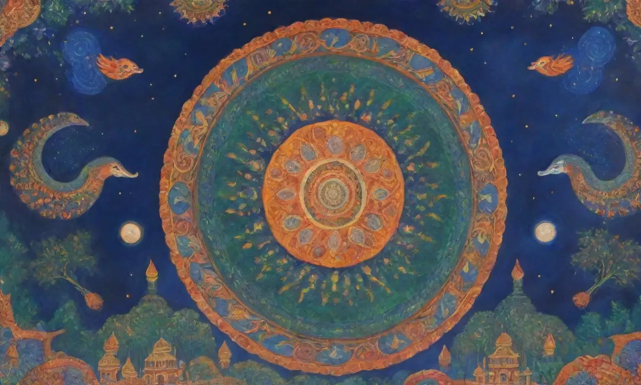Un paisaje vibrante de colores, formas y símbolos que representan la vida, la muerte y la armonía en la diversidad