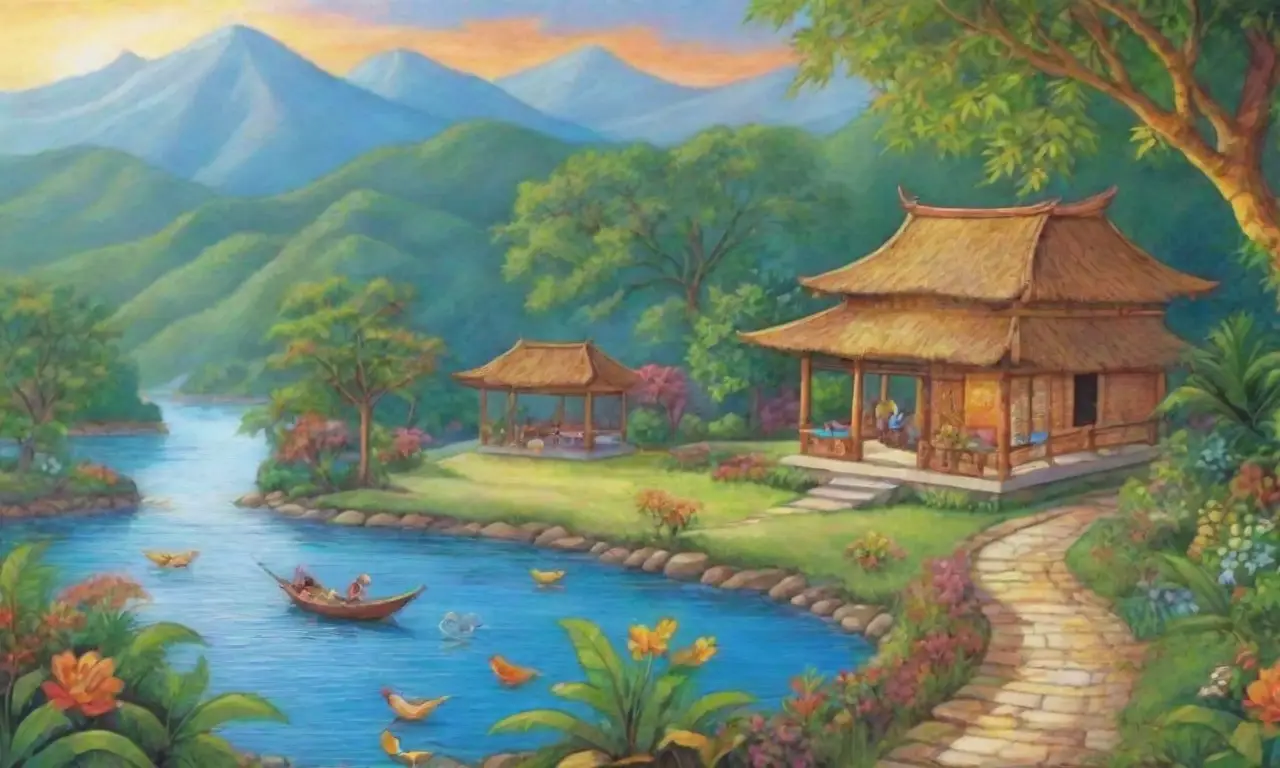 Un paisaje tropical vibrante y armonioso lleno de colores, naturaleza, cultura y vida