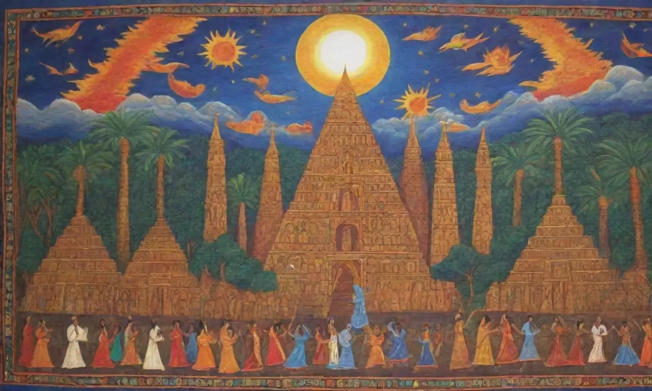 Un mural vibrante con pirámides, dioses, mercados y símbolos antiguos que evoca la cultura y la historia