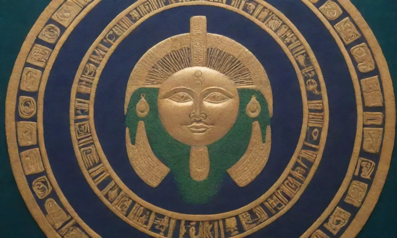 Un disco solar dorado brilla sobre un cielo nocturno azul, mientras figuras antiguas y símbolos sagrados evocan un aura mística