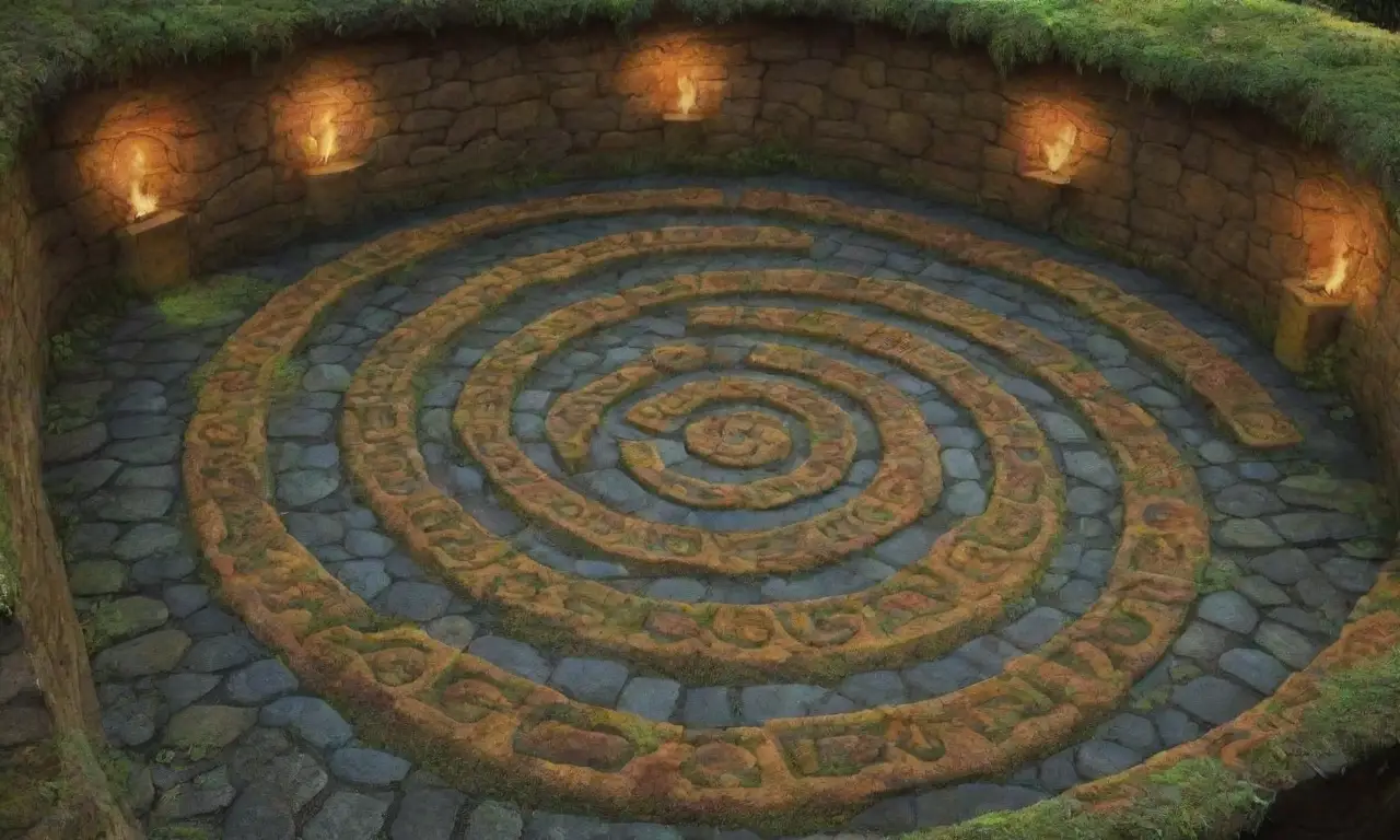 Un laberinto antiguo y misterioso lleno de sombras, símbolos y ecos de leyendas