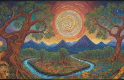 Un paisaje vibrante y místico donde la naturaleza y la cultura se entrelazan en un ciclo de vida y muerte