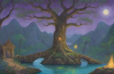 Un bosque verde y místico con un altar de piedra