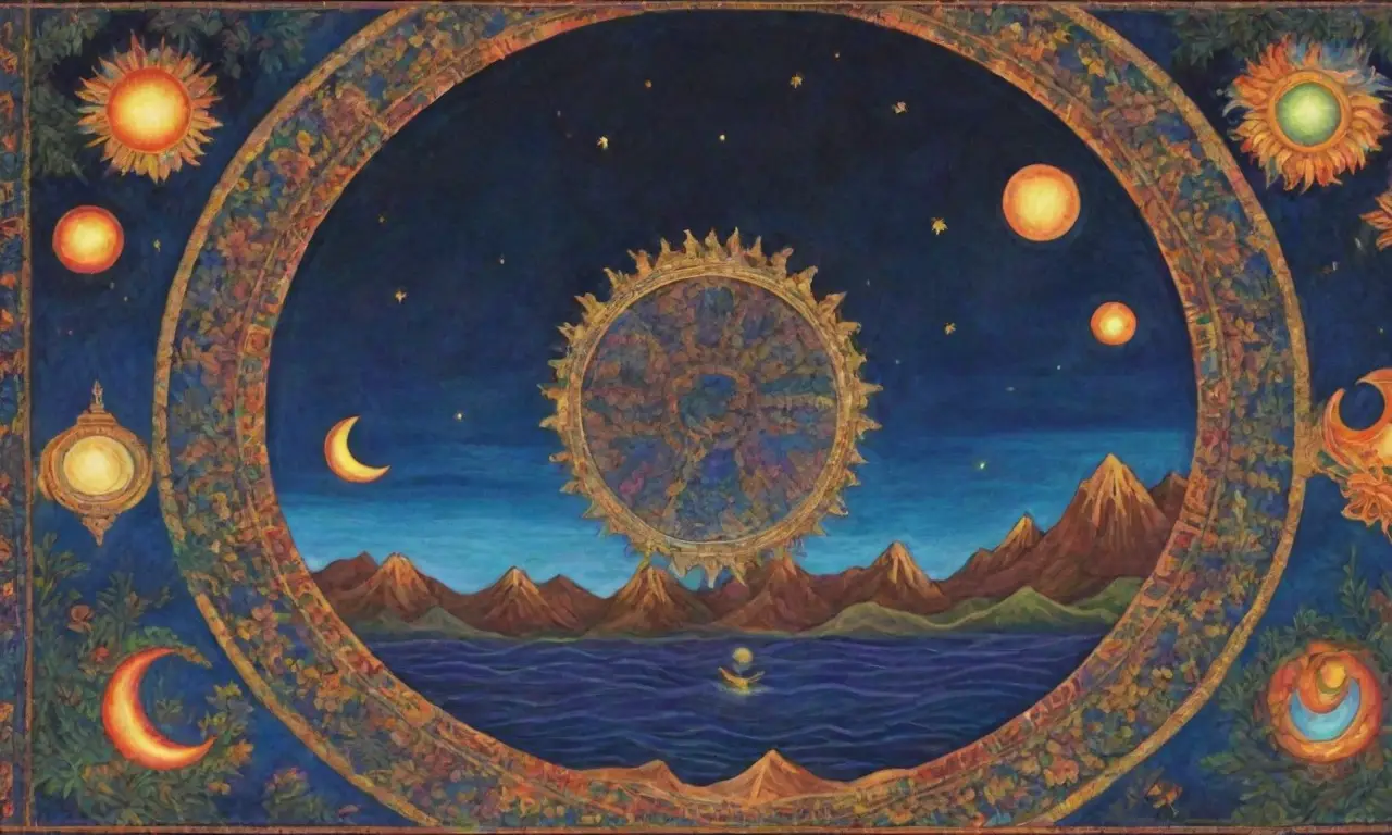 Un tapiz vibrante de patrones intrincados y colores celestiales que simboliza la unidad y la sabiduría ancestral