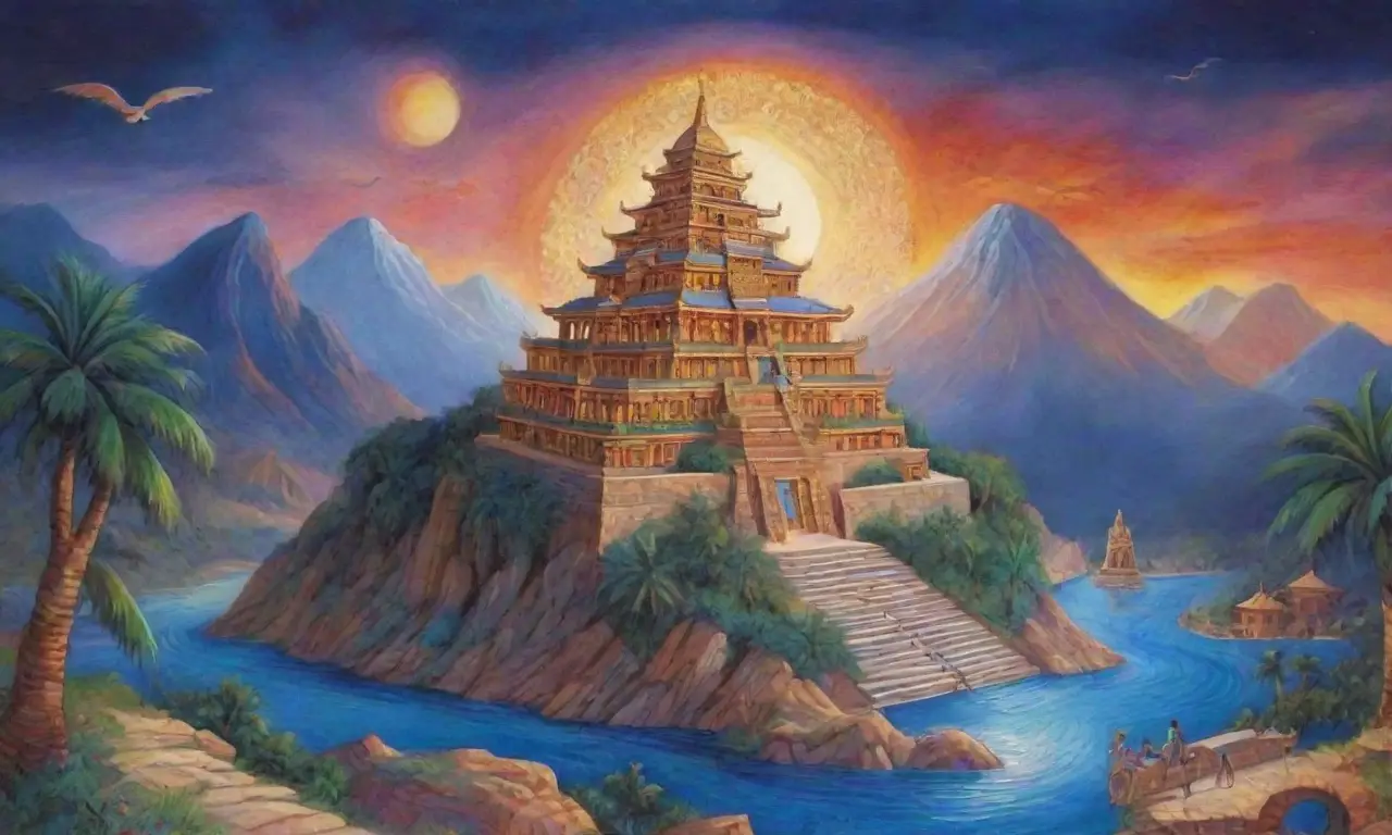 Un paisaje celestial vibrante con ziggurats, dioses, criaturas míticas y una atmósfera de eternidad