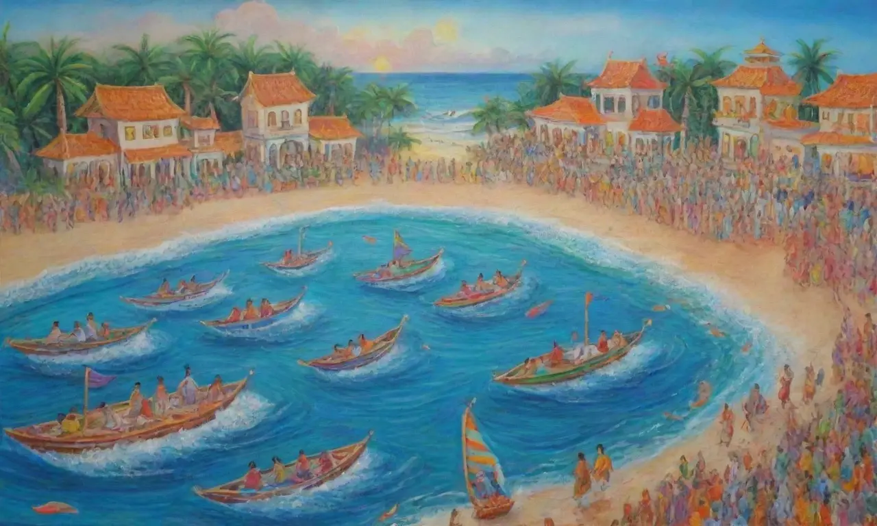 Una escena vibrante de celebración junto al mar, llena de colores, rituales y alegría
