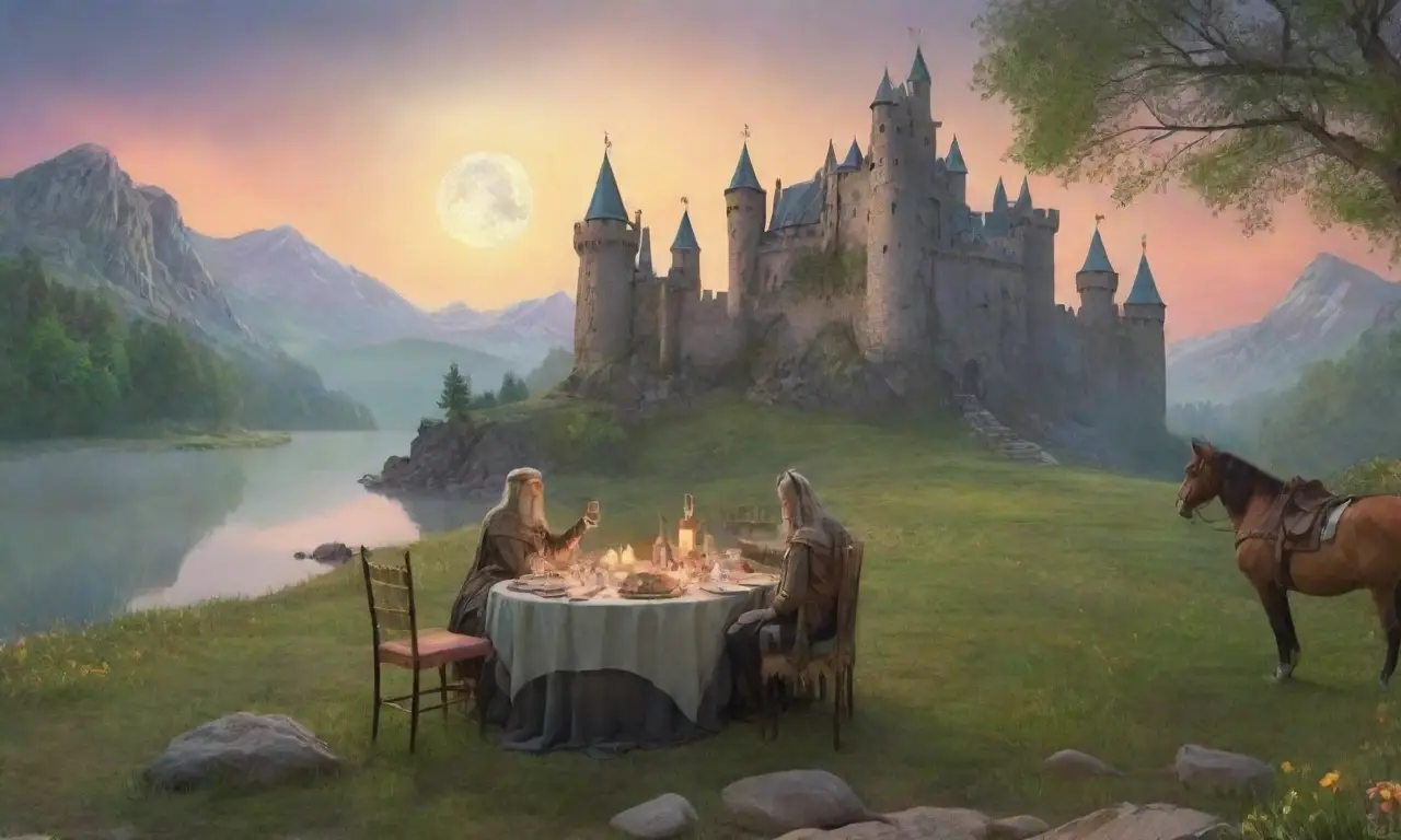 Un bosque brumoso con ruinas antiguas, caballeros, un castillo y un lago reflejando la luna