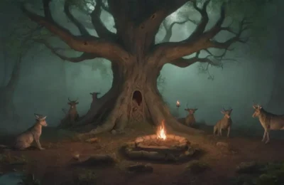 Un bosque oscuro con árboles antiguos