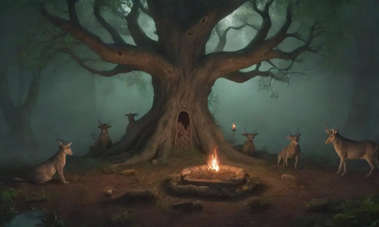 Un bosque oscuro con árboles antiguos