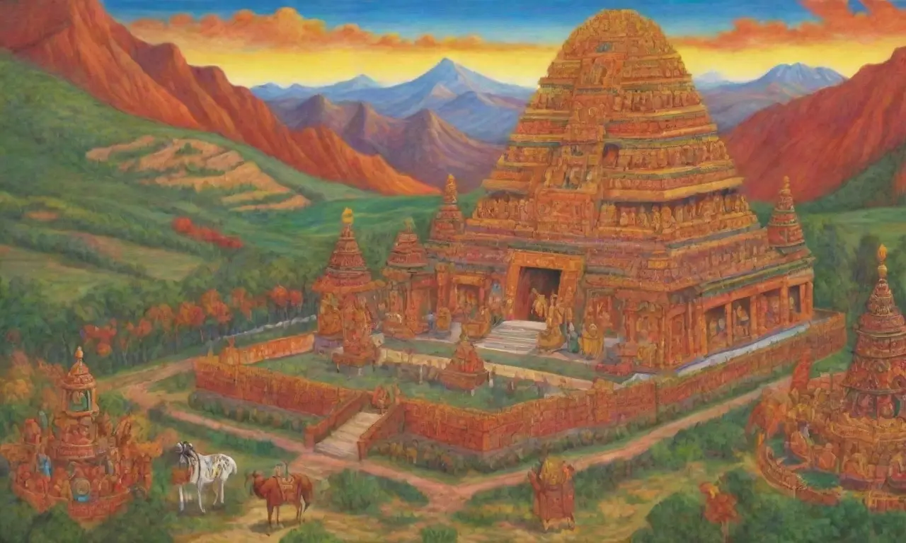 Un paisaje vibrante de cultura inca con templos, montañas, llamas y arte colorido