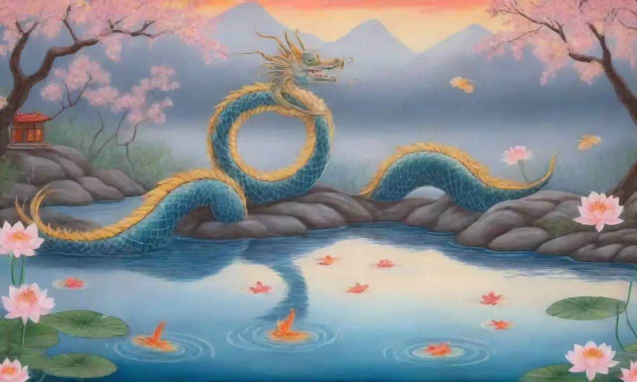 Un paisaje sereno con agua, flores de cerezo, un dragón majestuoso y símbolos japoneses, todo en armonía con la naturaleza