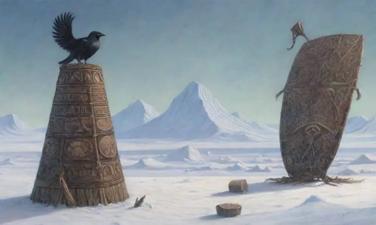 Un paisaje helado con un inuit, un guerrero vikingo y elementos de vida y muerte en un entorno místico