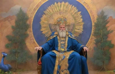 Un cielo vibrante con Zeus y Hera rodeados de belleza divina y mitológica