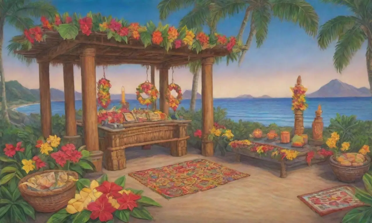 Un paisaje sagrado hawaiano lleno de flores, ofrendas y tradiciones