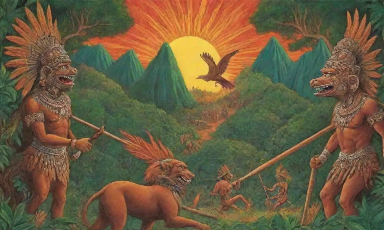 Cazadores antiguos en selvas vibrantes, rodeados de rituales, arte y naturaleza