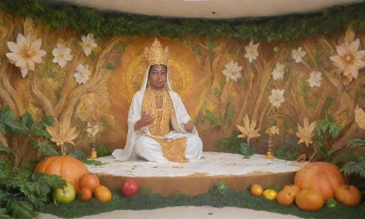 Un mural vibrante de Obatala rodeado de naturaleza y símbolos de paz