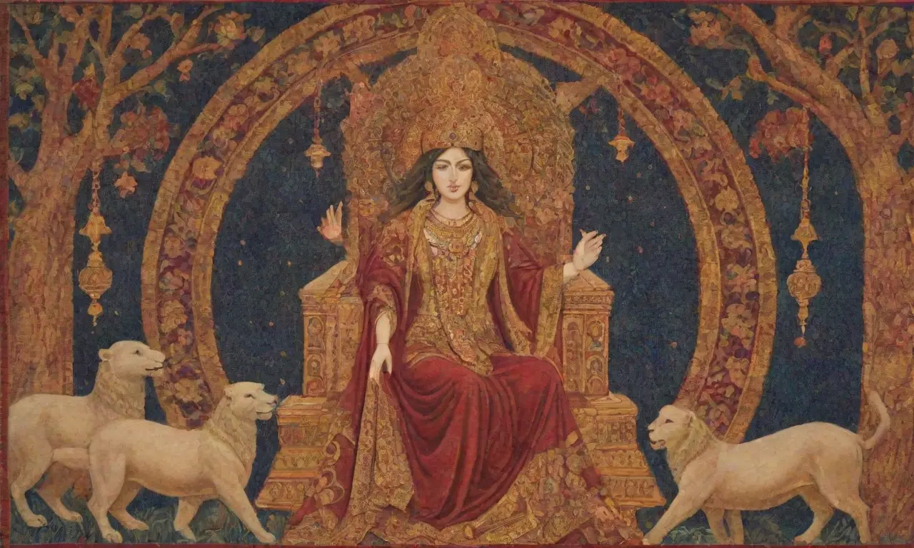Una poderosa imagen de Ishtar rodeada de símbolos de amor y guerra en un vibrante paisaje mesopotámico
