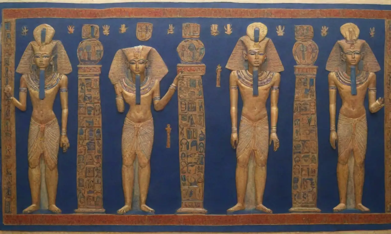 Artefactos egipcios antiguos, símbolos de ankh dorados y jeroglíficos intrincados