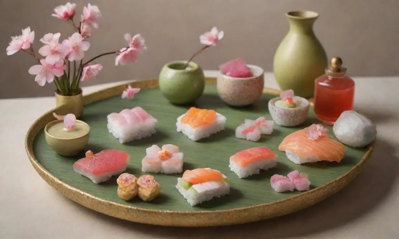 Una mesa vibrante con sushi, sashimi, té verde y elementos culturales japoneses