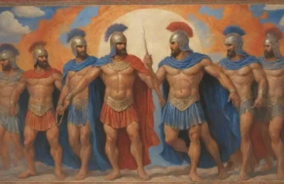 Un mural vibrante de guerreros griegos en armadura