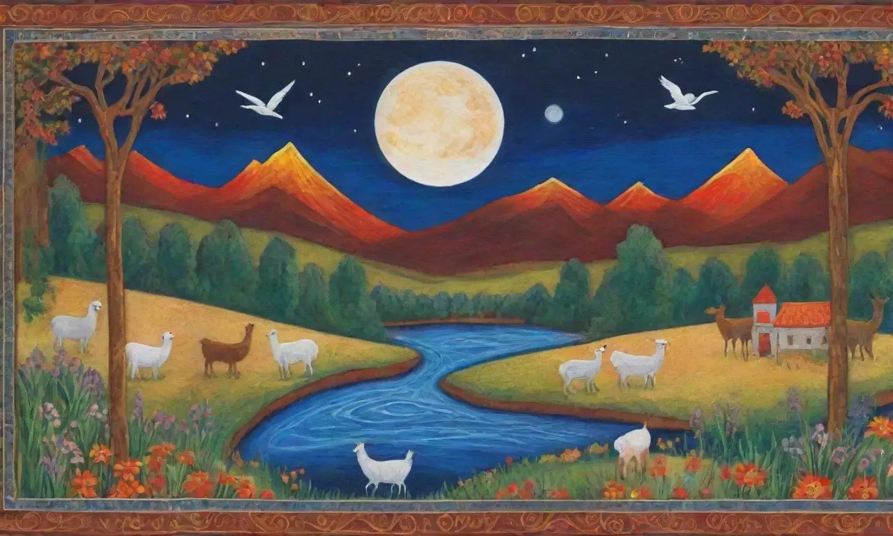 Un paisaje andino vibrante con colores, montañas, llamas, templos, estrellas y armonía