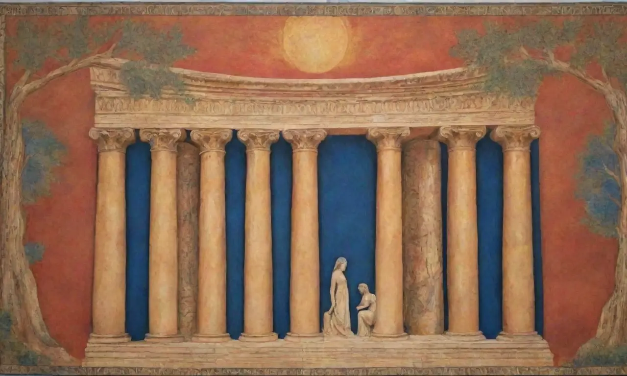 Un tapiz cultural de la antigua Grecia lleno de símbolos, colores vibrantes y ecos del pasado