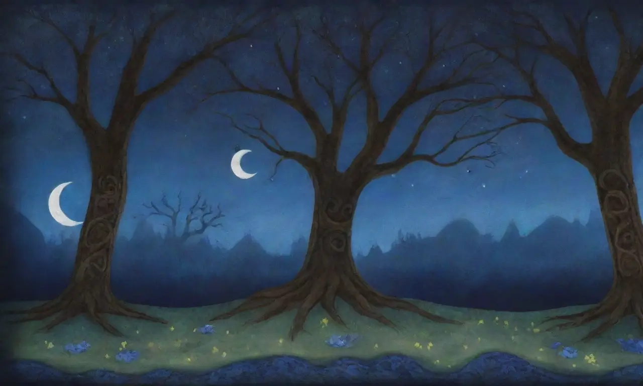 Un bosque oscuro y místico con figuras etéreas tejiendo hilos de destino bajo un cielo estrellado