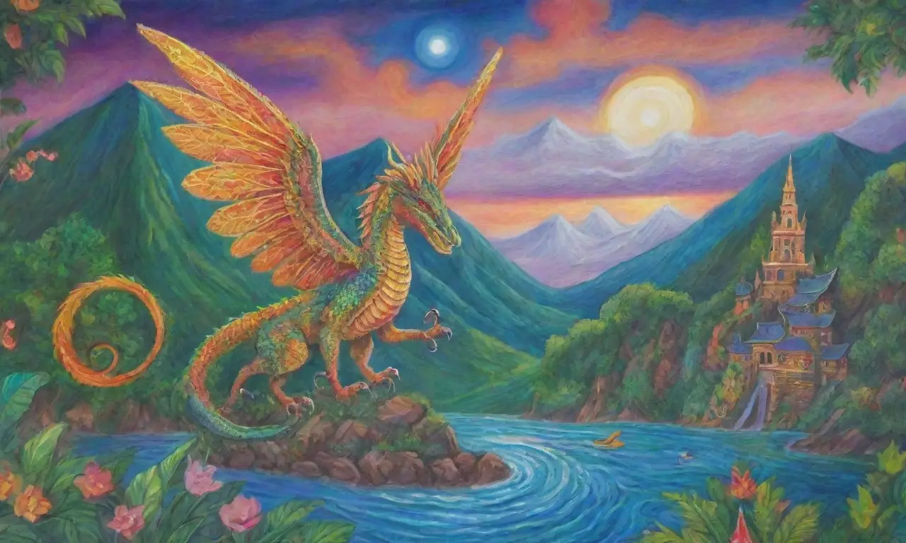 Un vibrante tapiz de leyendas y criaturas míticas envuelve al espectador en un mundo de colores y luz