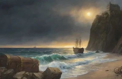 Un mar tempestuoso rodea un barco solitario que lucha contra los elementos