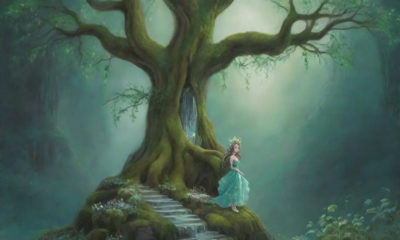 Un bosque místico con luz de luna, flores delicadas, hadas danzantes y una figura regia envuelta en magia
