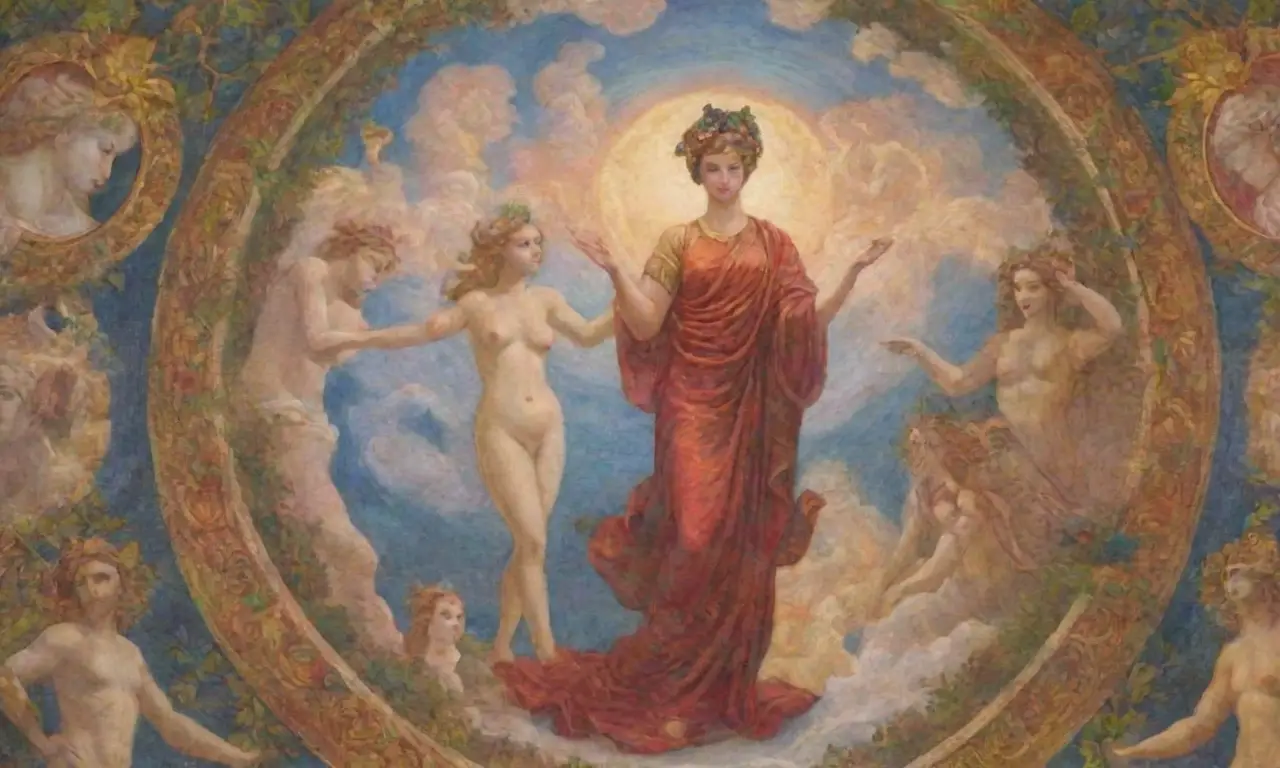 Colores vibrantes y patrones intrincados crean una sinfonía visual de mitología y belleza atemporal
