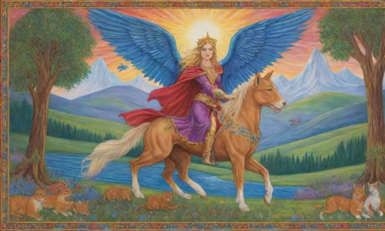 Freyja, en un paisaje vibrante de amor y conflicto, rodeada de naturaleza y guerreros en batalla
