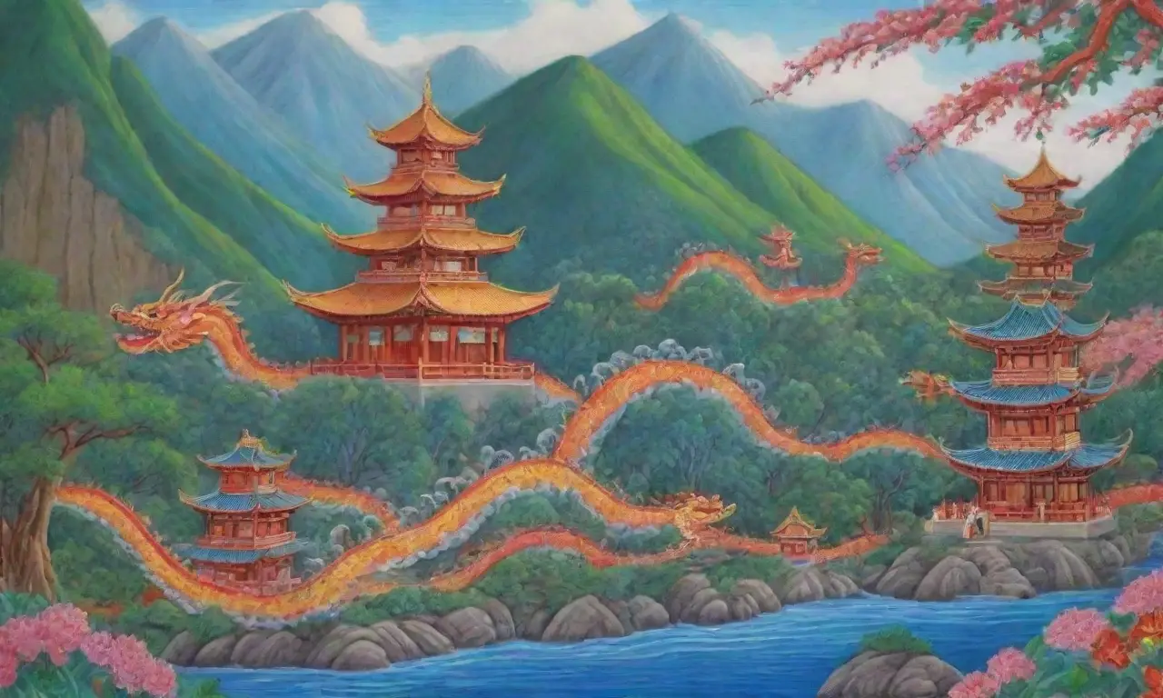Dragones vibrantes, flores de loto doradas y paisajes serenos en un festín de mitología y naturaleza