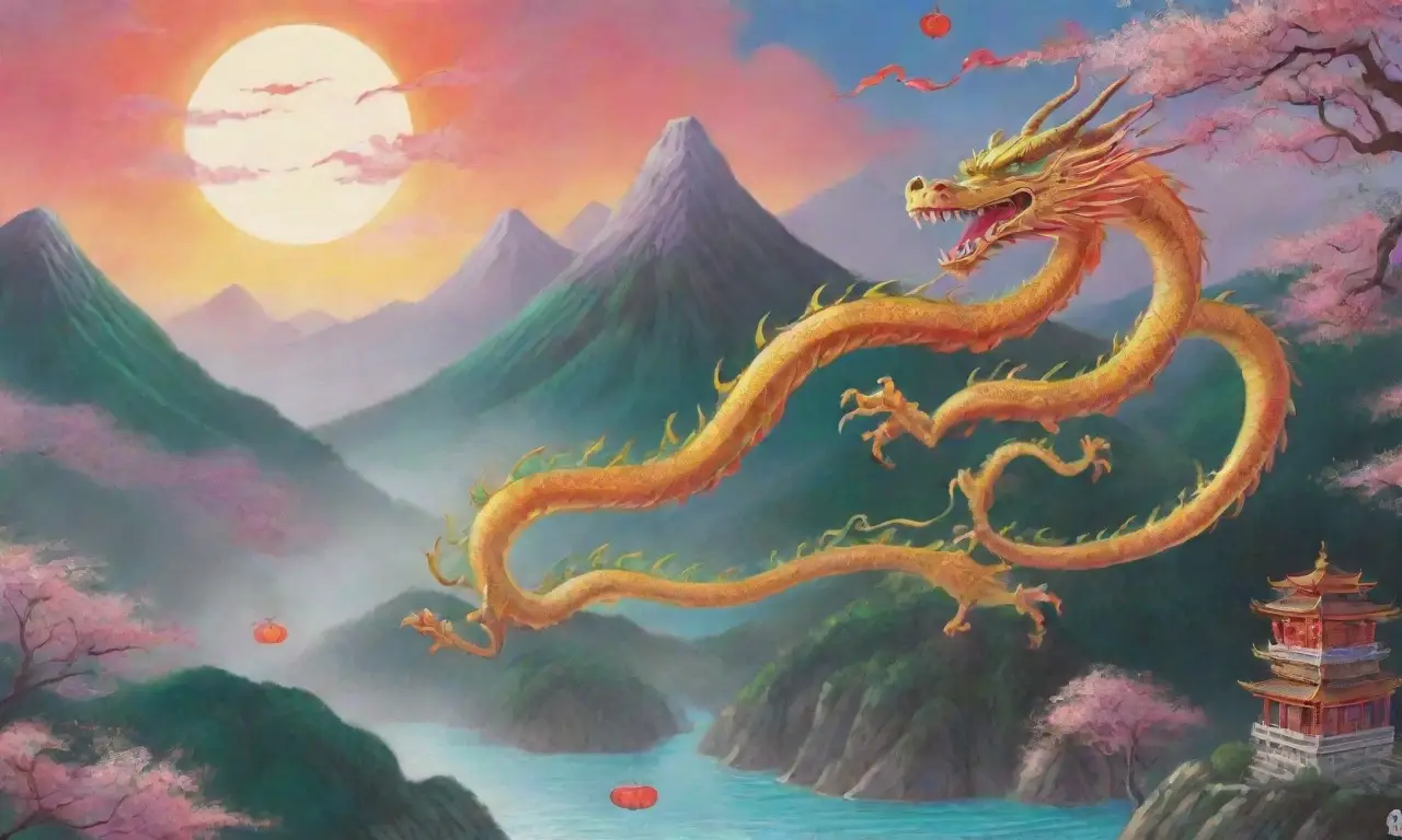 Un dragón vibrante vuela en un cielo brumoso, rodeado de templos antiguos y naturaleza exuberante