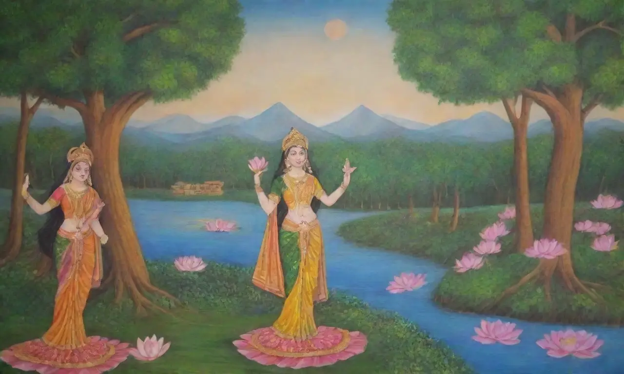 Rama y Sita en un paisaje vibrante y sagrado, rodeados de naturaleza y amor eterno