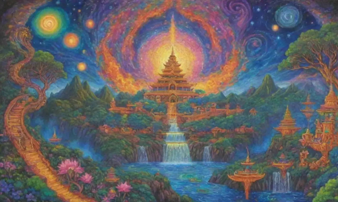 Un paisaje cósmico vibrante con galaxias, estrellas, deidades doradas, demonios, mandalas, naturaleza exuberante y elementos místicos