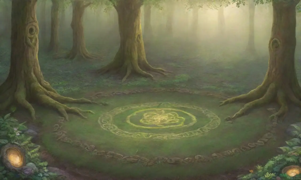 Un bosque mágico y reverente, lleno de luz, figuras etéreas y un altar cubierto de musgo