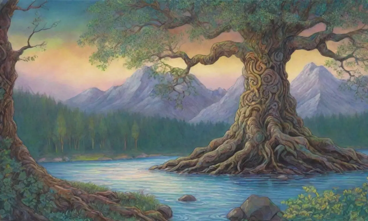 Un antiguo árbol majestuoso con raíces entrelazadas, hojas brillantes, tallas de dioses nórdicos y un ambiente mágico rodeado de naturaleza