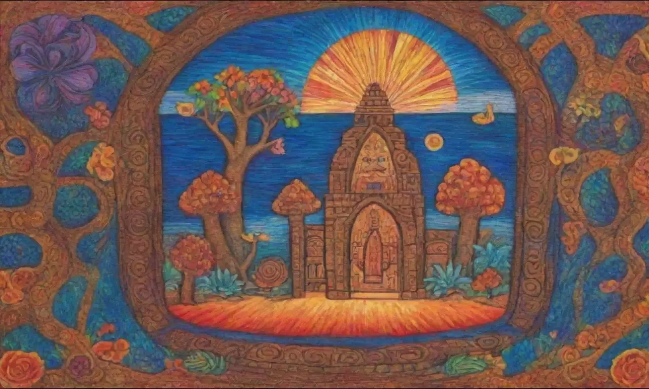 Colores vibrantes, símbolos sagrados y naturaleza exuberante crean una atmósfera divina