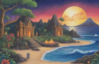 Un paisaje vibrante de naturaleza y mitología en armonía y caos