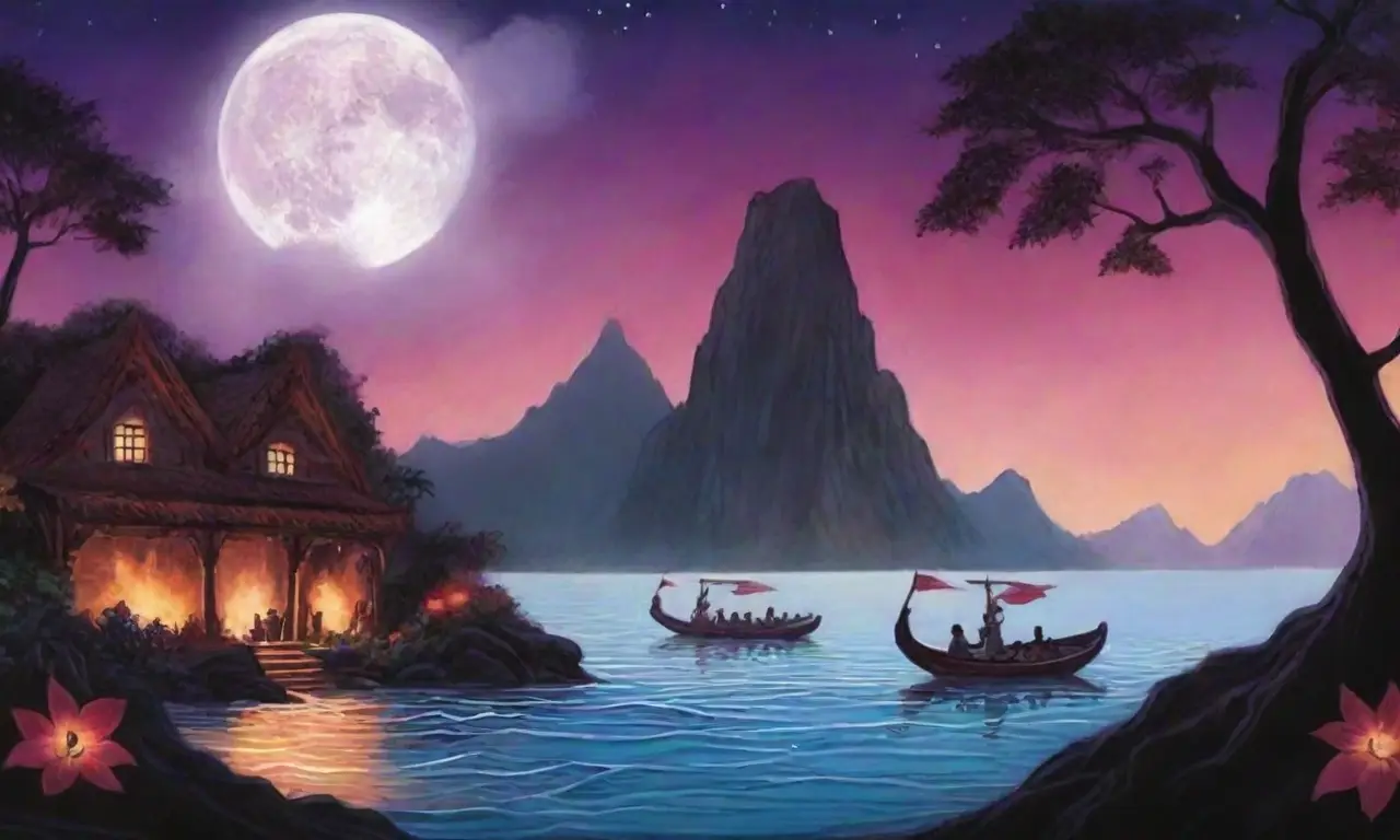 Un paisaje místico de olas oscuras, canoas antiguas, y rituales ancestrales bajo la luz de la luna