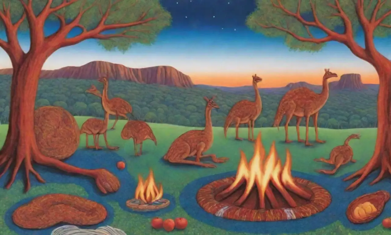 Un paisaje que fusiona arte aborigen vibrante con elementos modernos y una rica narrativa cultural