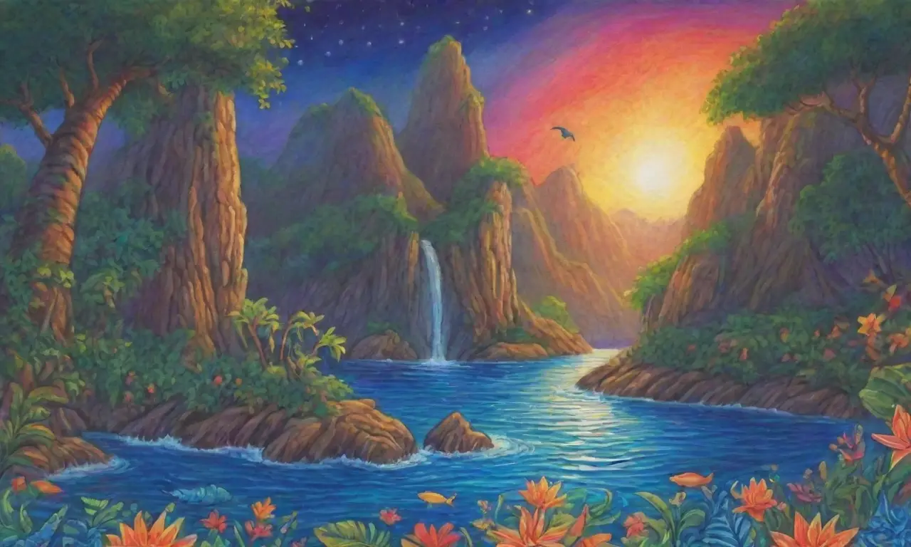 Un paisaje tropical lleno de colores vibrantes, naturaleza exuberante y elementos culturales