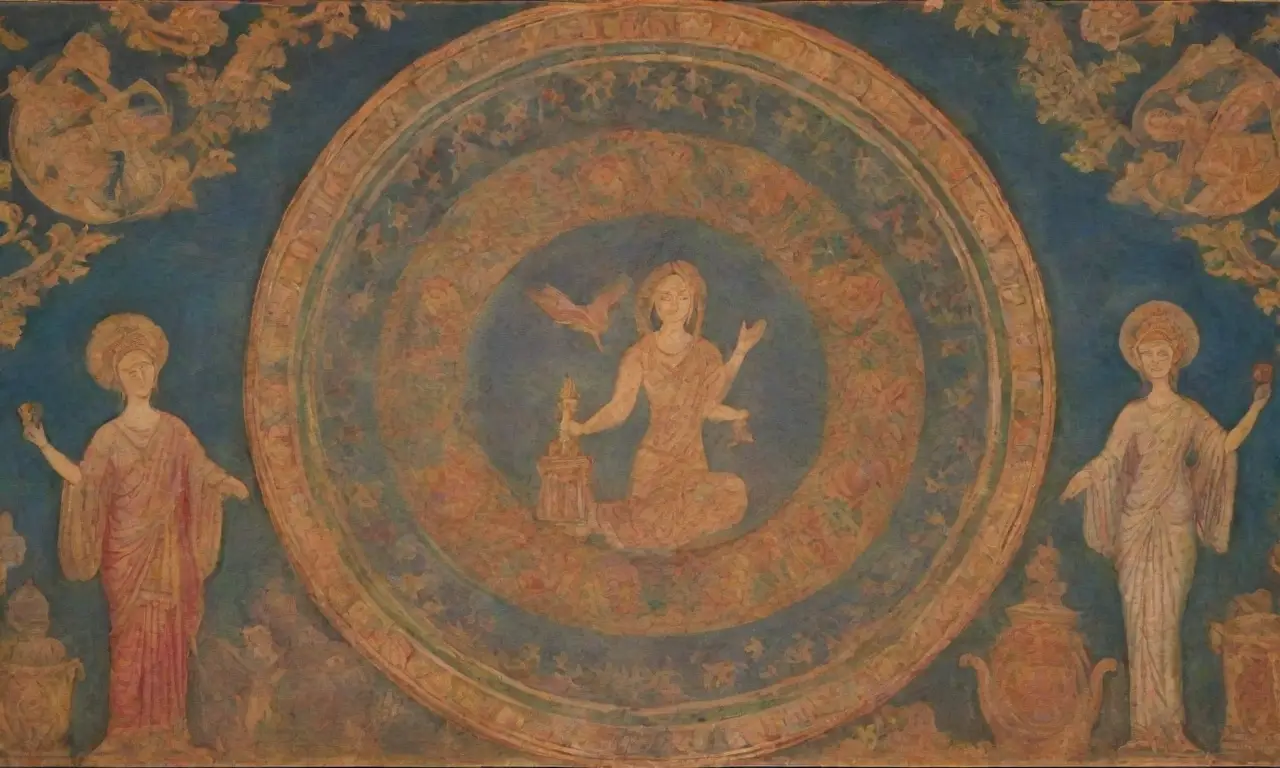 Frescos etruscos antiguos con colores vibrantes y figuras mitológicas