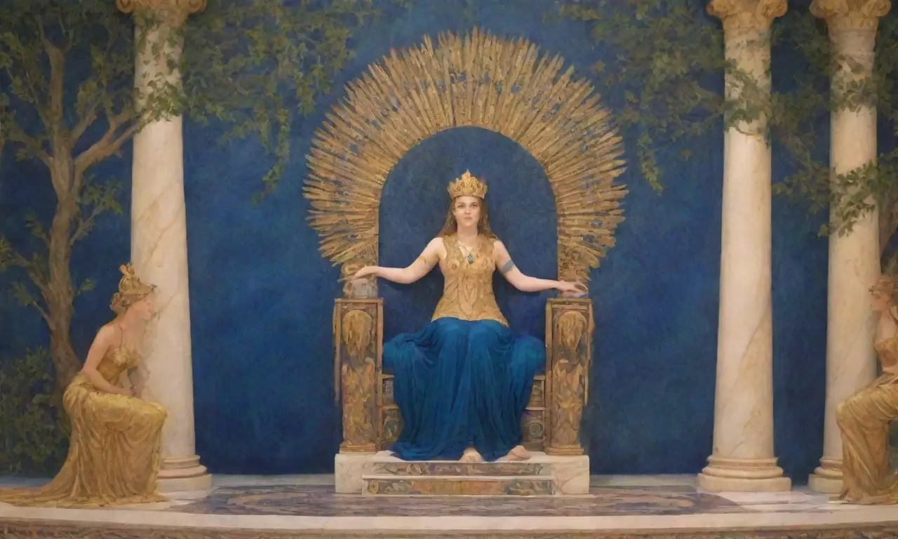 Zeus y Hera en un trono dorado en Olimpo, rodeados de belleza y armonía divina